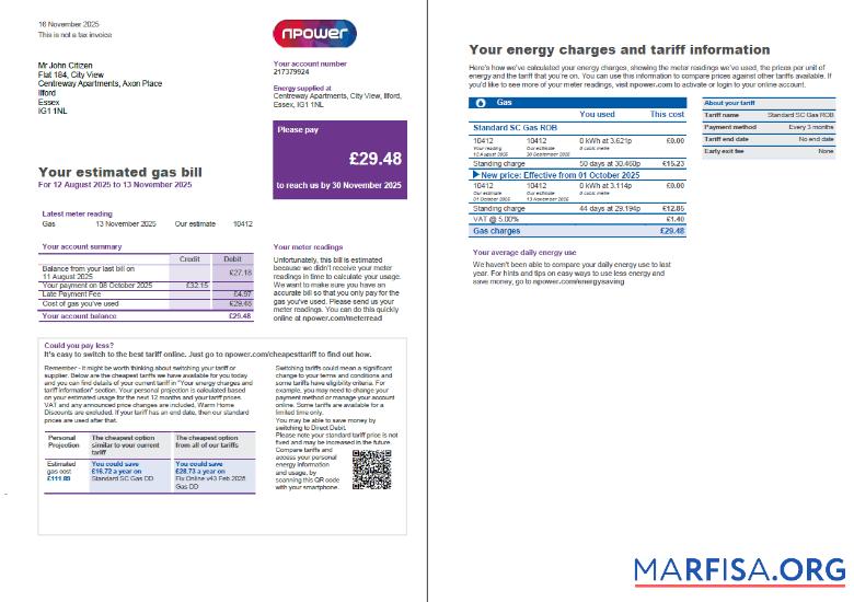 Realistic United Kingdom Npower utility bill template in Word and PDF formats, 3 pages, 1 2 page